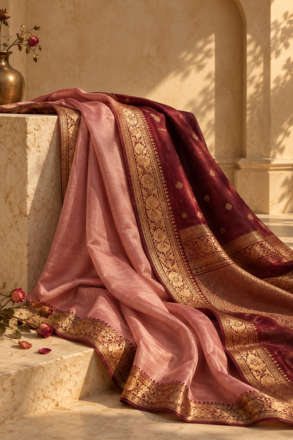 Illustrative rose and burgundy saree draped over a stone plinth